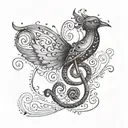A stylized treble clef morphing into a bird in flight tattoo design idea