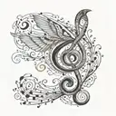 A stylized treble clef morphing into a bird in flight tattoo design idea