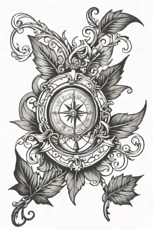 leaf vine and compass and angel wing attached tattoo design idea