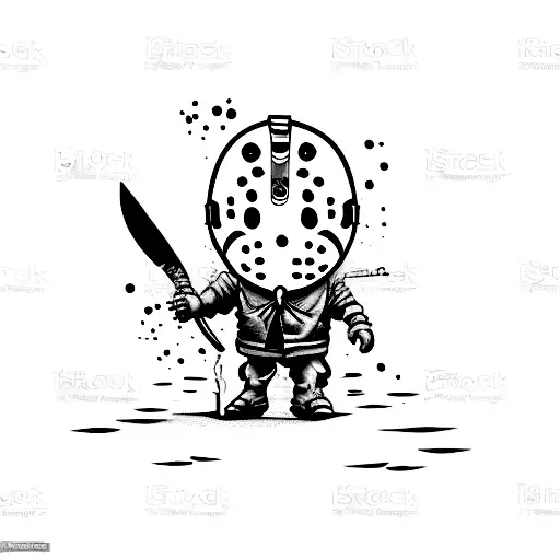 A cute cartoon version of Jason Voorhees with a knife, looking sad tattoo design idea