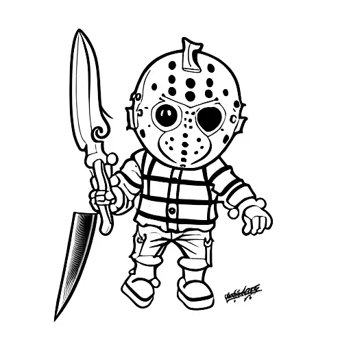 A cute cartoon version of Jason Voorhees with a knife, looking sad tattoo design idea
