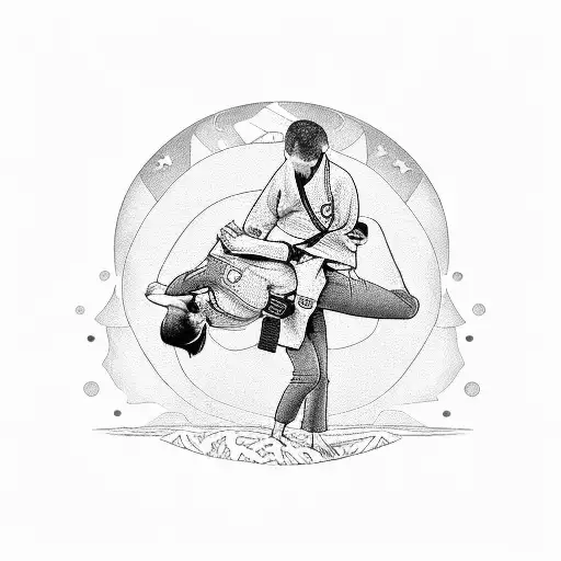 A retired military veteran practicing jiu jitsu on a tranquil farm in the Mexican Riviera, captured in a dotwork style tattoo design idea