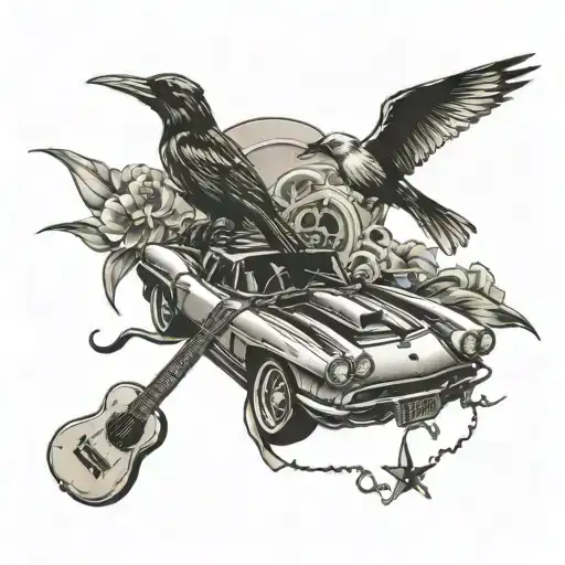 2 birds flying away, guitar neck and corvette car tattoo design idea