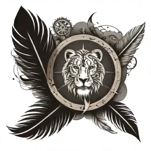 lion eye inside a feather transforming and a compass and thalapathy tattoo design idea