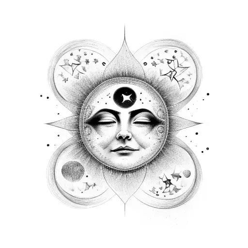 A celestial scene with a moon and stars forming the shape of a mother's face, representing the client's love for their mother and spirituality tattoo design idea
