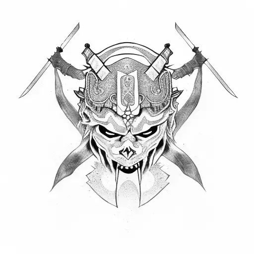 Sword with Japanese samurai design and devil  tattoo design idea