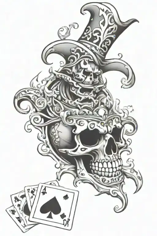 jester on fire with playing cards and skulls  tattoo design idea