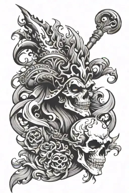 flaming jester with skull on fire  tattoo design idea