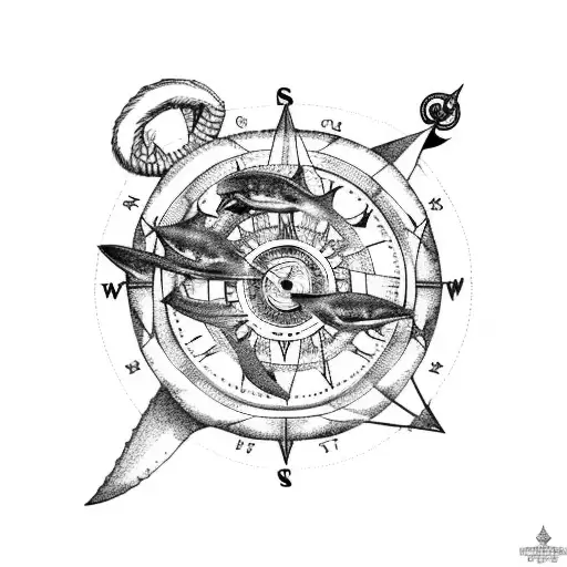 great white shark with compass, anchor map, clock tattoo design idea