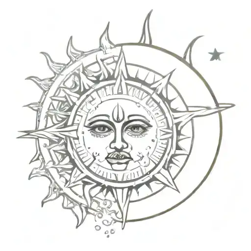 sun and moon esoteric mild vibe tatto realistic face on sun and eye on moon  tattoo design idea