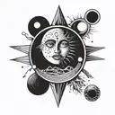  the moon and the sun are one esoteric vibe tatto face on sun and eye on moon minimalism round    tattoo design idea