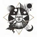  the moon and the sun are one esoteric vibe tatto face on sun and eye on moon minimalism round    tattoo design idea