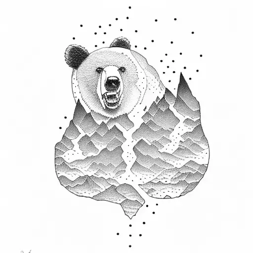 A dotwork tattoo of a bear with a topographic map of a valley within its paw prints tattoo design idea