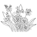 linework bouquet with three flower stems (lily of the valley, chrysanthemum, and narcisuss) tattoo design idea