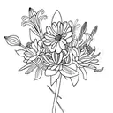 linework bouquet with three flower stems (lily of the valley, chrysanthemum, and narcisuss) tattoo design idea