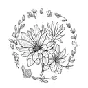 linework bouquet with three flower stems (lily of the valley, chrysanthemum, and narcisuss) tattoo design idea