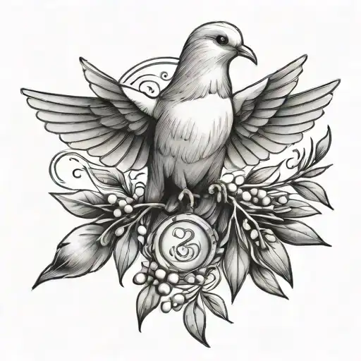 A tattoo design of a dove carrying an olive branch with the initials of your family members, symbolizing peace and harmony within the family tattoo design idea