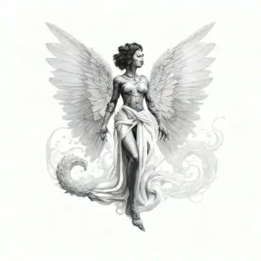 beautiful black angel flying around a big dragon tattoo design idea