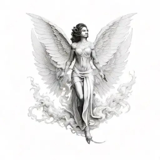 beautiful black angel flying around a big dragon tattoo design idea