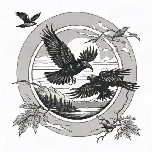 two crows flying out of a circle with a sky and low mountain background and a cluster of ponderosa in the foreground tattoo design idea
