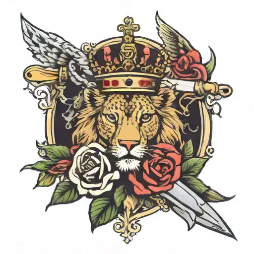 queen crown, sword, lioness, rose,  skull, dove flying tattoo design idea