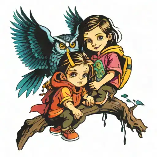 Girl and boy guided by an owl tattoo design idea