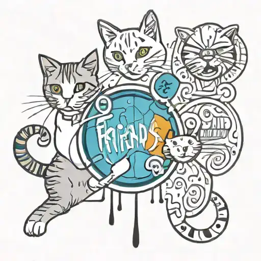 A new-school design of the Friends TV show logo intertwined with a playful cat silhouette, combining the client's interests in a unique way tattoo design idea