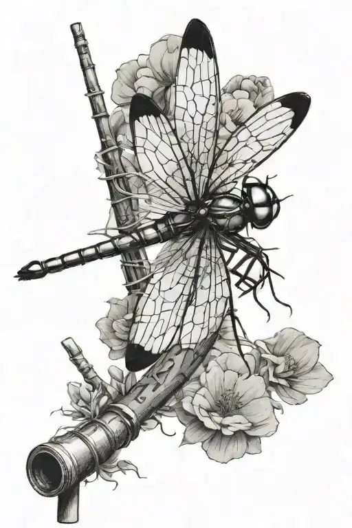 dragonfly perched ontop a fishing pole   tattoo design idea