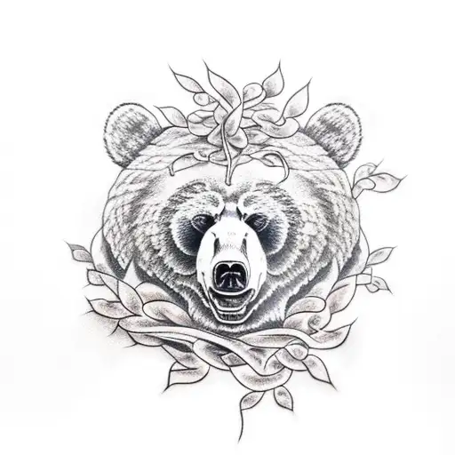 Realistic bear head and snake with rose vines tattoo design idea
