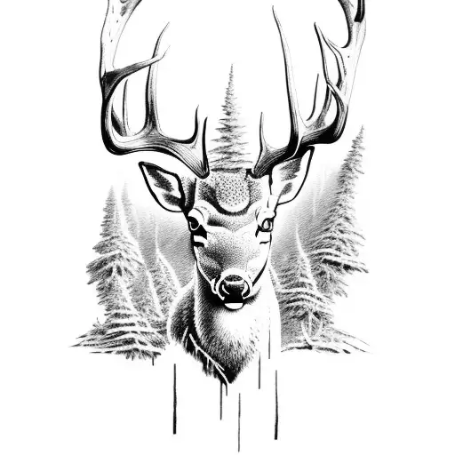 An intricate dotwork tattoo of a deer silhouette with antlers, surrounded by forest scenery and hunting gear tattoo design idea