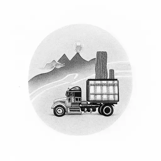 A black and grey tattoo of a truck driver holding a steering wheel, with a scenic highway stretching into the distance tattoo design idea