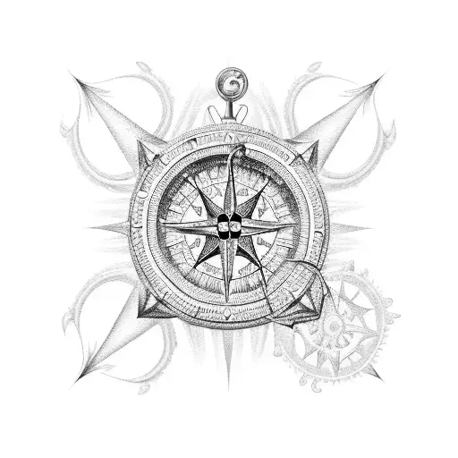 An intricate dotwork tattoo of a fishing lure surrounded by waves and a compass rose, symbolizing the client's love for fishing and exploration tattoo design idea