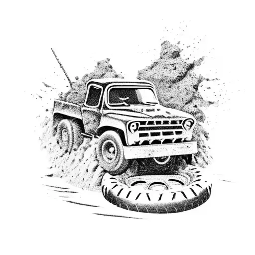 A bold blackwork tattoo of a 4x4 truck conquering rough terrain, with mud splatters and tire tracks tattoo design idea