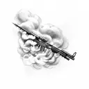 A sketch-style tattoo of a shotgun and rifle crossed over each other, with bullet casings and smoke swirling around tattoo design idea