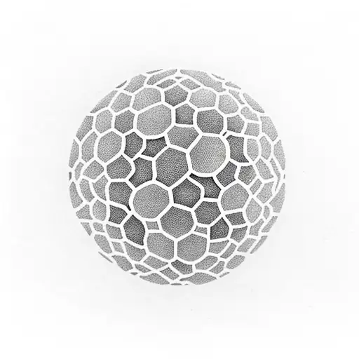 A soccer ball made up of intricate dotwork patterns, with a mountain range and ocean waves inside tattoo design idea