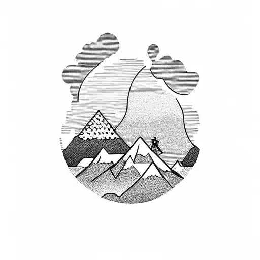 A silhouette of a hiker standing on a mountain peak, surrounded by a breathtaking sunset over the ocean tattoo design idea