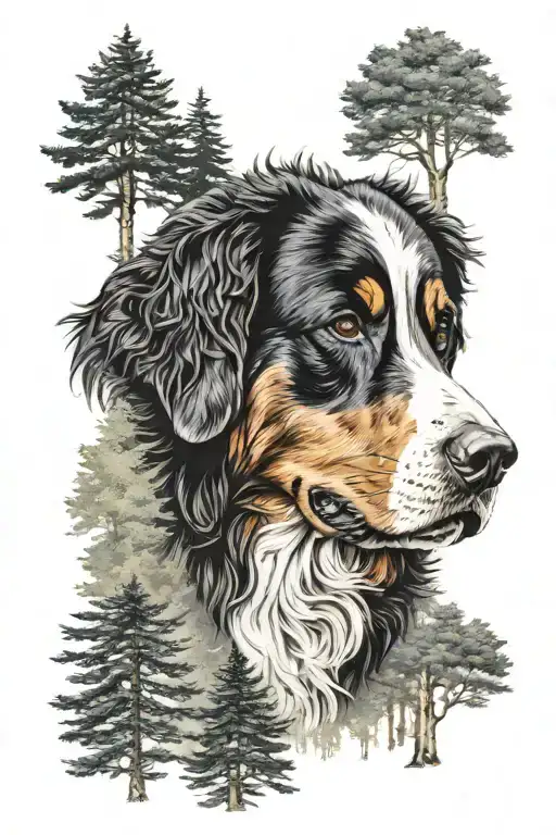 bernese mountain dog in forest trees looking tattoo design idea