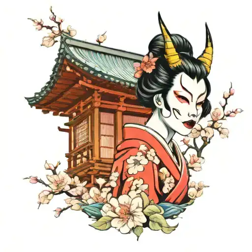 girl in hannya mask and kimono, against the background of sakura and Japanese house tattoo design idea