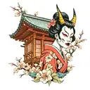 girl in hannya mask and kimono, against the background of sakura and Japanese house tattoo design idea