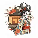 girl in hannya mask and kimono, against the background of sakura and Japanese house tattoo design idea