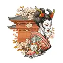 girl in hannya mask and kimono, against the background of sakura and Japanese house tattoo design idea