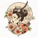girl in hannya mask and kimono, against the background of sakura and Japanese house tattoo design idea