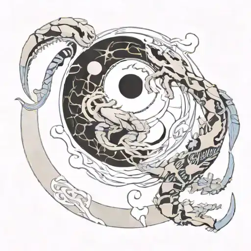 a broken full moon merged with a Yin Yang symbol, a crab fighting two snakes with exposed bones,  waves below.  tattoo design idea