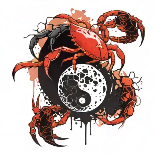 a broken full moon merged with a Yin Yang symbol, a crab fighting two snakes with exposed bones,  waves below.  tattoo design idea