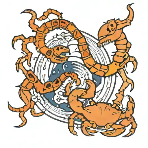 a broken full moon merged with a Yin Yang symbol, a crab fighting two snakes with exposed bones,  waves below.  tattoo design idea