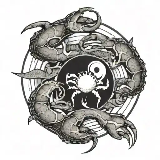 a broken full moon merged with a Yin Yang symbol, a crab fighting two snakes with exposed bones,  waves below.  tattoo design idea