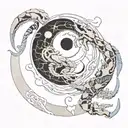 a broken full moon merged with a Yin Yang symbol, a crab fighting two snakes with exposed bones,  waves below.  tattoo design idea