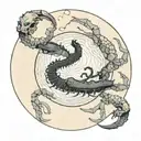 a broken full moon merged with a Yin Yang symbol, a crab fighting two snakes with exposed bones,  waves below.  tattoo design idea