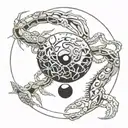 a broken full moon merged with a Yin Yang symbol, a crab fighting two snakes with exposed bones,  waves below.  tattoo design idea