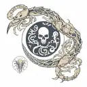 a broken full moon merged with a Yin Yang symbol, a crab fighting two snakes with exposed bones,  waves below.  tattoo design idea